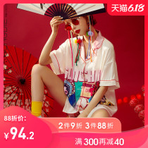 Summer color contrast fashion national trend Chinese style ice silk pajamas women's summer thin short sleeve silk home clothes set