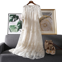 Silk heavy industry embroidery fairy long white skirt summer short sleeve embroidery long skirt silk dress