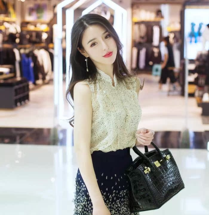 2017夏季新品刘美人刘钰懿同款圆点真丝欧根纱百搭上衣背心衬衣女