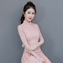 中国风女装蕾丝旗袍上衣女短款中式复古改良汉服唐装女两件套装裙