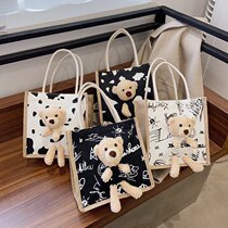 2022 new ins simple cute bear Japanese women's bag cartoon students portable tide cloth bag