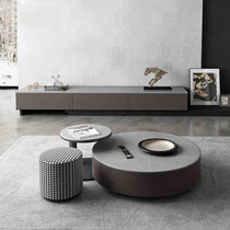 Italian rock plate round tea table modern simple small apartment Nordic net red marble retractable TV cabinet combination