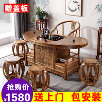 New Chinese half round tea table log balcony tea table and chair combination beauty salon tea table tea set set one home