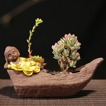 Creative tea pet gold Buddha little monk simple cute Zen ornaments multi-meat snowflake point ceramic flower pot