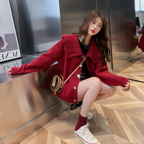 2021 New Red big lapel sweater womens autumn and winter loose coat knitted cardigan Japanese design sense