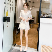 2020 summer new style small fragrant white water soluble lace one-piece pants women's summer high waist thin wide leg shorts