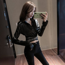 Spring clothing 2022 new womens clothing small sexy hot girl with long sleeve blouses fashion cross-care machine ruffling navel short lining clothes