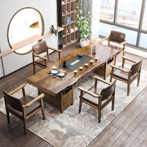 Tea table solid wood new Chinese one-piece tea table and chair combination household tea table living room tea table log large board tea table