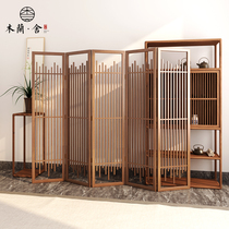 Home screen folding mobile door blocking solid wood living room partition hollow Chinese small household tea room