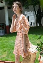 Bring the girl’s aura, French one-piece tea break skirt, printed summer silk dress female Q2681