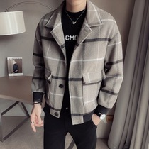 Short woolen jacket men's slim fall winter Korean design sense handsome fashion plaid casual woolen windbreaker jacket