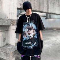 chic bishop Tide brand European and American oil painting model print short sleeve T-shirt men loose Street Tide brand summer dress shirt