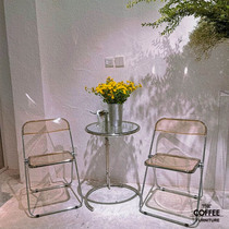 Net red can lift stainless steel glass round table coffee table stainless steel transparent folding chair acrylic chair milk tea table and chair