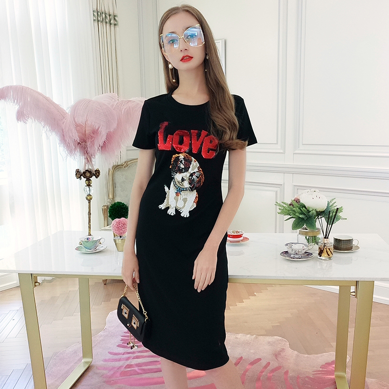 MIUCO2018春季新款女装亮片字母卡通狗狗短袖修身t恤连衣裙中长款