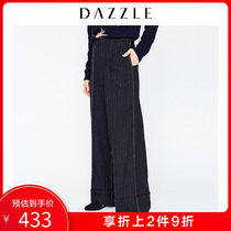 Dazzle plain winter new elegant casual vertical stripe wool wide leg pants for women 2a4q4402t