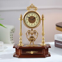Brass European style retro seat clock living room pendulum pieces sitting bell villa Xuanguan bronze piece soft decorated solid wood table bell