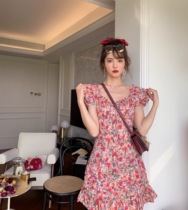 acaine 泡泡袖油画繁花裙夏小个子抽绳设计复古法式方领连衣裙女