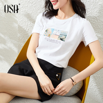 OSA白色T恤女士夏季2020新款内搭打底衫圆领短袖印花上衣体恤修身