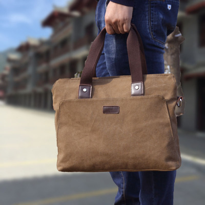 男士手提包横款商务电脑包14寸单肩斜挎包休闲复古帆布包公文包男