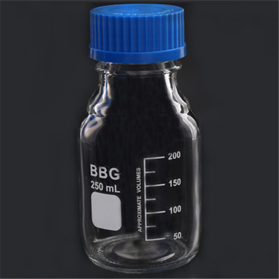 螺纹口带刻度 透明丝口瓶密封瓶 玻璃瓶 250ml 蓝盖试剂瓶