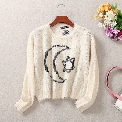 2015秋冬新款女装韩版经典月亮星星图案毛衣女套头修身针织打底衫