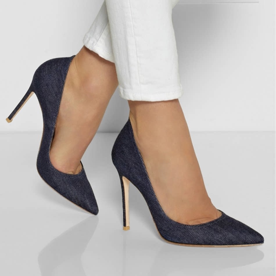 欧美大牌蓝色牛仔布性感细跟尖头浅口高跟鞋女鞋32-46真皮单鞋