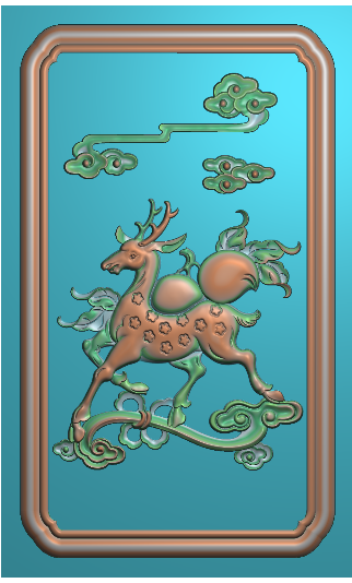 小鹿背板精雕图 如意寿桃 浮雕图 灰度图