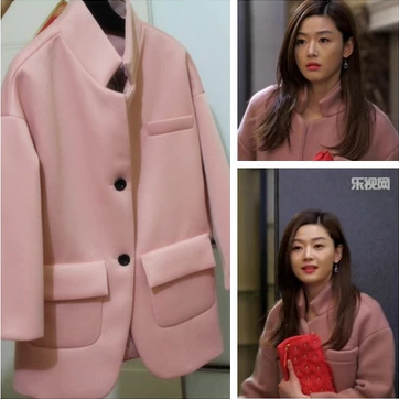 韩剧来自星星的你全智贤千颂伊同款粉色毛呢大衣宽松大码羊绒外套