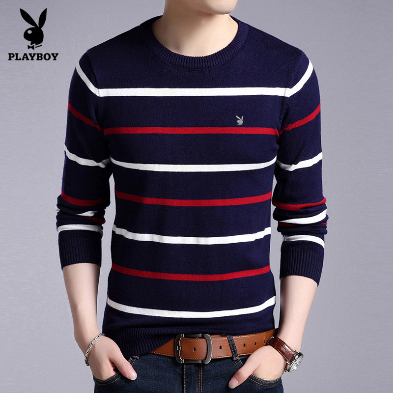 [USD 184.66] Playboy knit sweater men's long-sleeve autumn and winter plus velvet fashion 