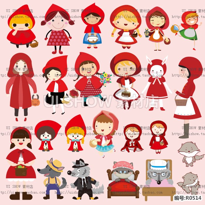 小红帽与大灰狼安徒生童话人物合集合卡通可爱扁平化矢量素材图片