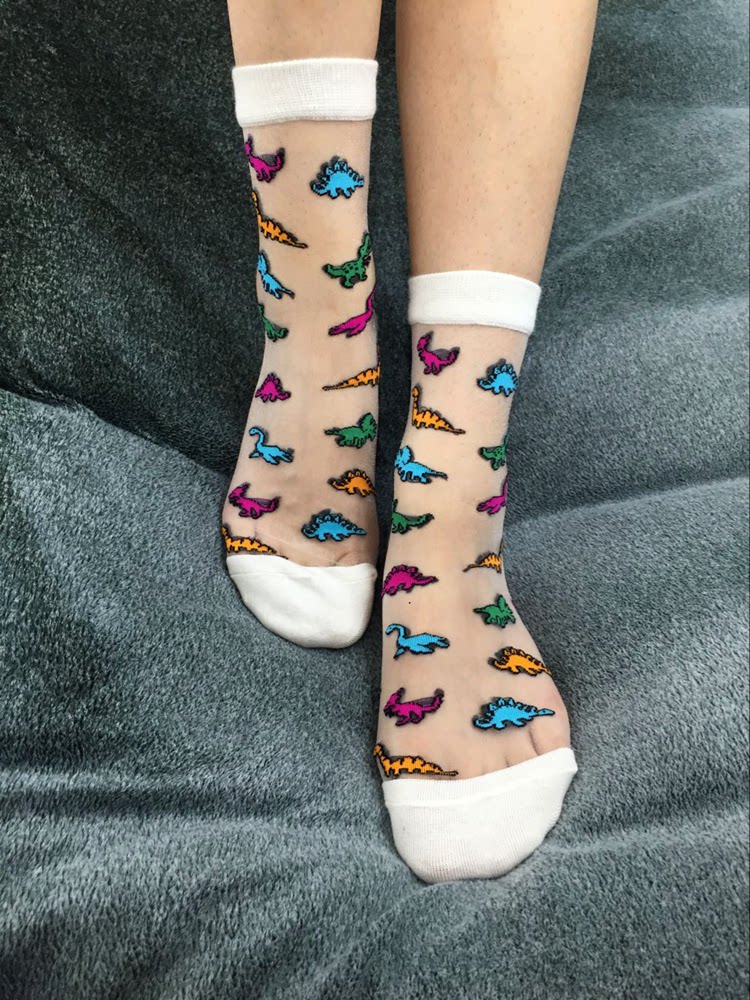 樱桃子的袜店 玻璃丝袜 可爱恐龙图案玻璃短袜 女 夏季薄款袜子