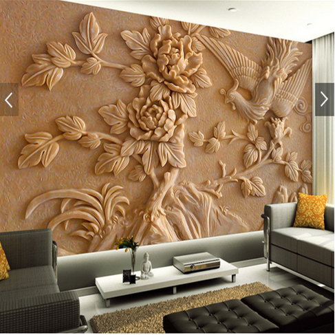 3d立体现代中式浮雕凤凰牡丹壁纸 客厅沙发电视背景墙纸 环保壁画