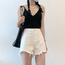 Zheng Feifei (soft impermeable)burr hole a word wide leg high waist white denim shorts womens summer thin section