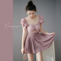 (Xia Weiqi) Pink purple sweet girl flying sleeve skirt type one-piece covered belly thin conservative hot spring swimsuit