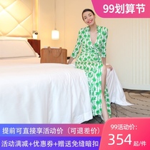 D clothes home wrap skirt V collar summer new green thin long temperament slim woman waist one piece dress