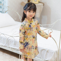 Girls cheongsam autumn new children long sleeve Chinese style dress baby double cotton linen fabric skirt