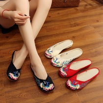 Spring summer and autumn new peacock embroidered slippers old Beijing cloth shoes Chinese style leisure walking home sandals womens shoes