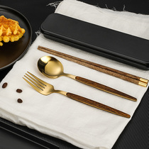 Portable cutlery wood chopsticks spoon fork containing box bag adult student outdoor 23 pieces of suit stainless steel