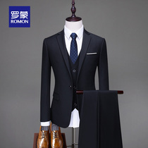 Romon suit suit suit mens three-piece set Korean slim suit business professional dress groom wedding dress