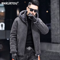 2021 Winter new original ecological fur one man short hooded leather leather jacket men fur coat two sides