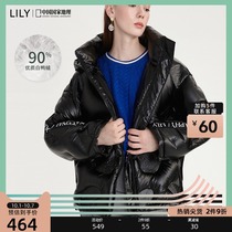 LILY winter new womens 90% white duck down three-dimensional print black short loose down jacket jacket