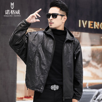 Leather leather mens hooded off-the-shoulder bat sleeve loose wide casual jacket short casual first layer cowhide jacket