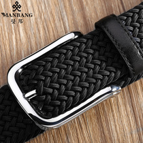 Manbang Woven Belt Men Soft Casual Tightness Elastic Waistband Women Canvas Golf Jeans Pants With Cloth Knit