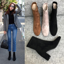 Short boots female spring and autumn 2021 new single boots side zipper womens boots rough heel square head naked boots Joker high heel Martin boots winter