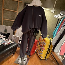 Huafg suit pure color minimalist Lazy Casual Big Code Round Collar Sleeve Head Sweatshirt Sport Pants 2 pieces for men and women