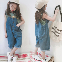 Summer childrens clothing Casual Girls seven suspenders jumpsuit Korean childrens clothing front and back wear denim pants