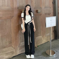 Pure Desire Wind Fashion Casual Sports Suit Women Summer Thin web Red Fried Street Ocean Air Minus age wide leg pants Two sets