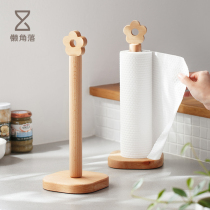 Lazy corner wooden vertical kitchen tissue rack desktop roll paper storage rack solid wood toilet paper roll holder 67393