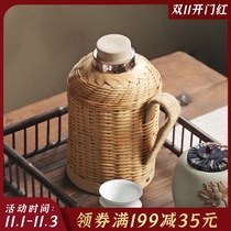 Home vintage bamboo warm pot hot water thermos literary manual thermos bottle opening kettle stainless steel glass inner