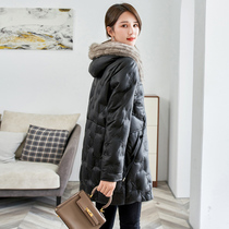 2021 Haining new leather down jacket womens long slim mink fur collar sheep leather embossed fur coat